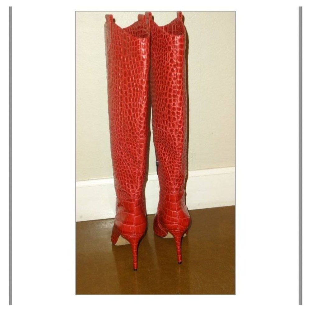 SOLD VINCE CAMUTO Kervana Pointy Toe Knee High Crocodile Boot Red 8.5 NEW - Picture 9 of 13